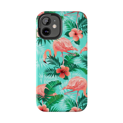 Pink Flamingo iPhone 15 14 13 12 11 Pro Max Tough Case, Green Tropical Monstera Print Cute Gift XS XR X 7 Plus 8 Cell Phone Galaxy