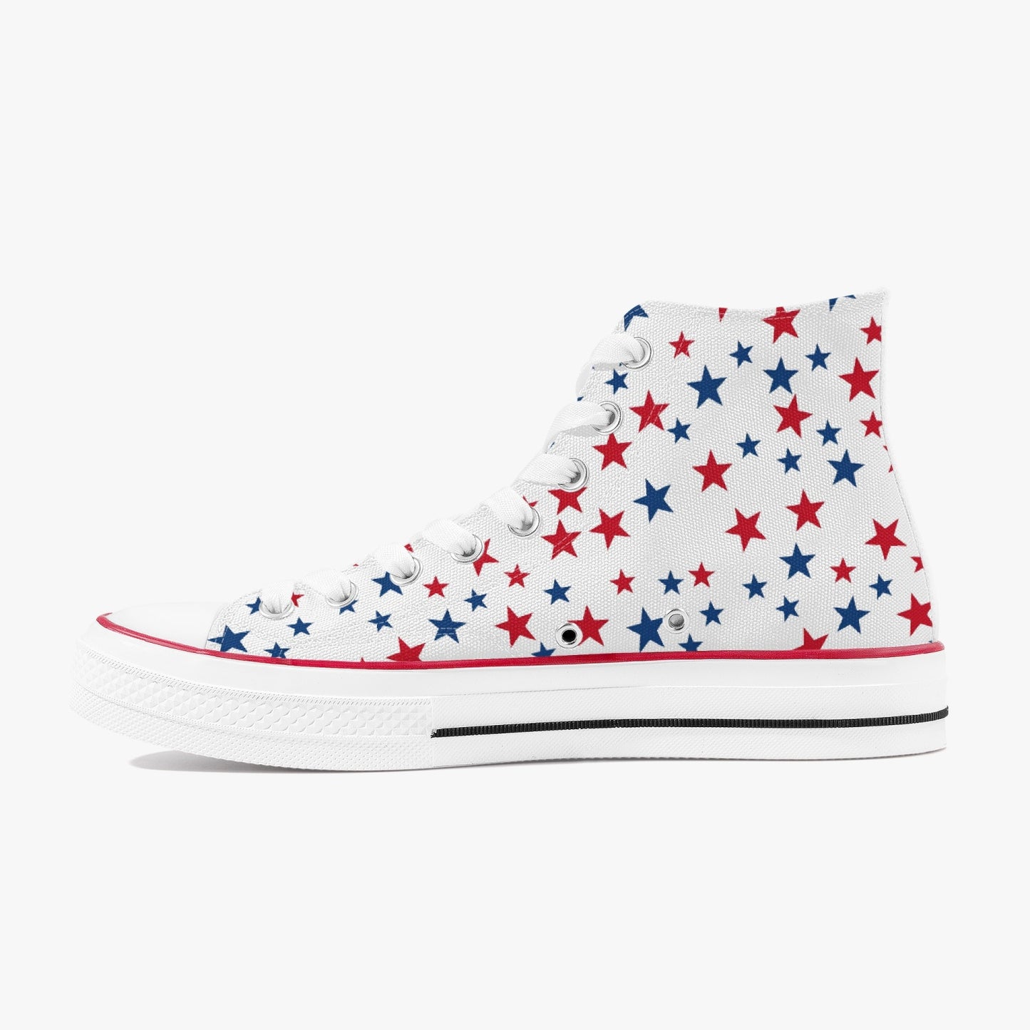 Red White Blue Stars High Top Shoes, American Flag USA Women Men Lace Up Sneakers 4th of July Footwear Canvas Ladies Trainers Designer