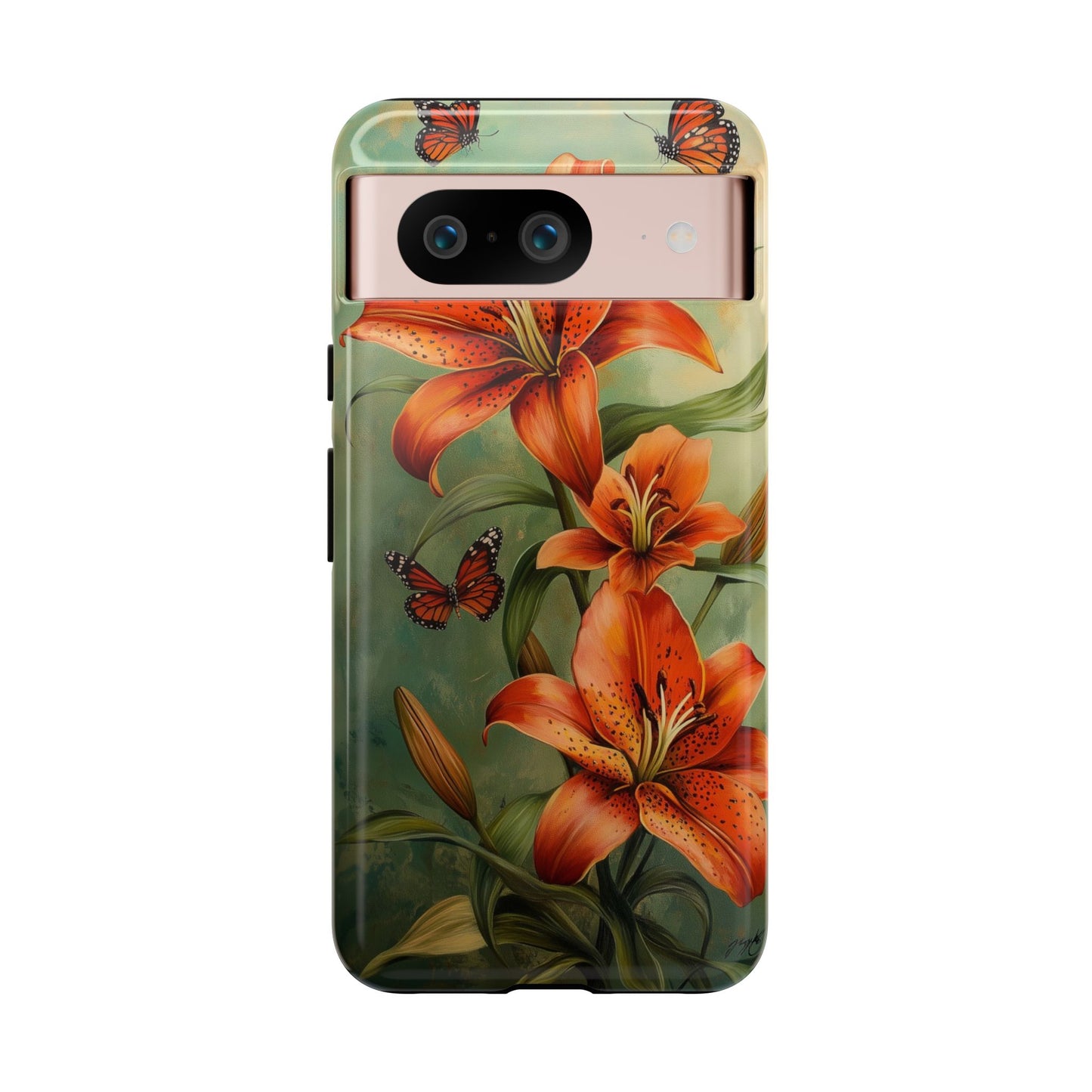 Tiger Lily Tough Phone Case, Flowers Floral Butterfly iPhone 16 15 14 13 Pro Max 12 11 8 Plus X XR XS Galaxy S24 S23 S22 S21 Google Pixel