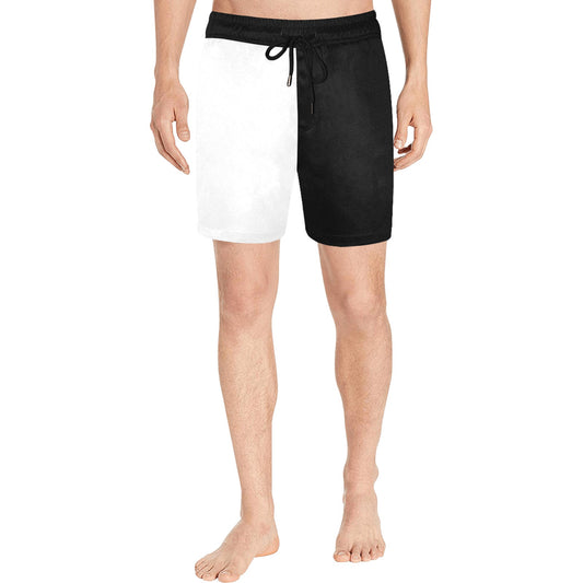 Half Black Half White Men Swim Trunks Shorts, Two Tone Mid Length Beach Swim Trunks Pockets & Mesh Drawstring Casual Bathing Suit Summer