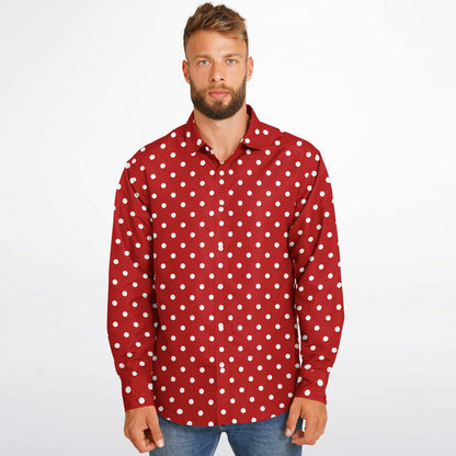 Red White Polka Dots Long Sleeve Men Button Up Shirt, Guys Male Print Buttoned Down Collared Graphic Casual Dress Plus Size Shirt