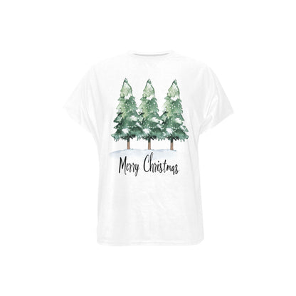 Merry Christmas Women Sleep Pajama Short Sleeve Shirt, Xmas Trees Watercolor Crewneck Up Ladies Sleeping Cute Pjs Night Loungewear Top