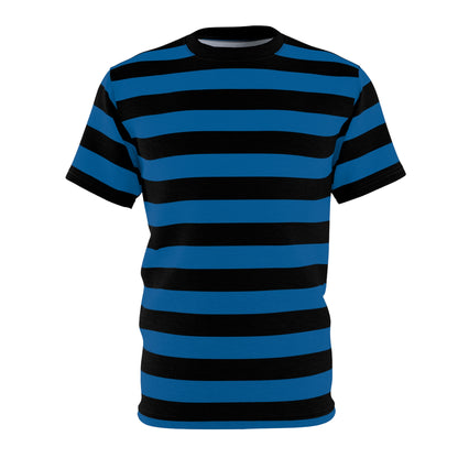 Black and Blue Striped Men T Shirt, Vintage Wide Horizontal Stripes 90s Adult Unisex Male Designer Lightweight Heavyweight Crewneck Guys Tee