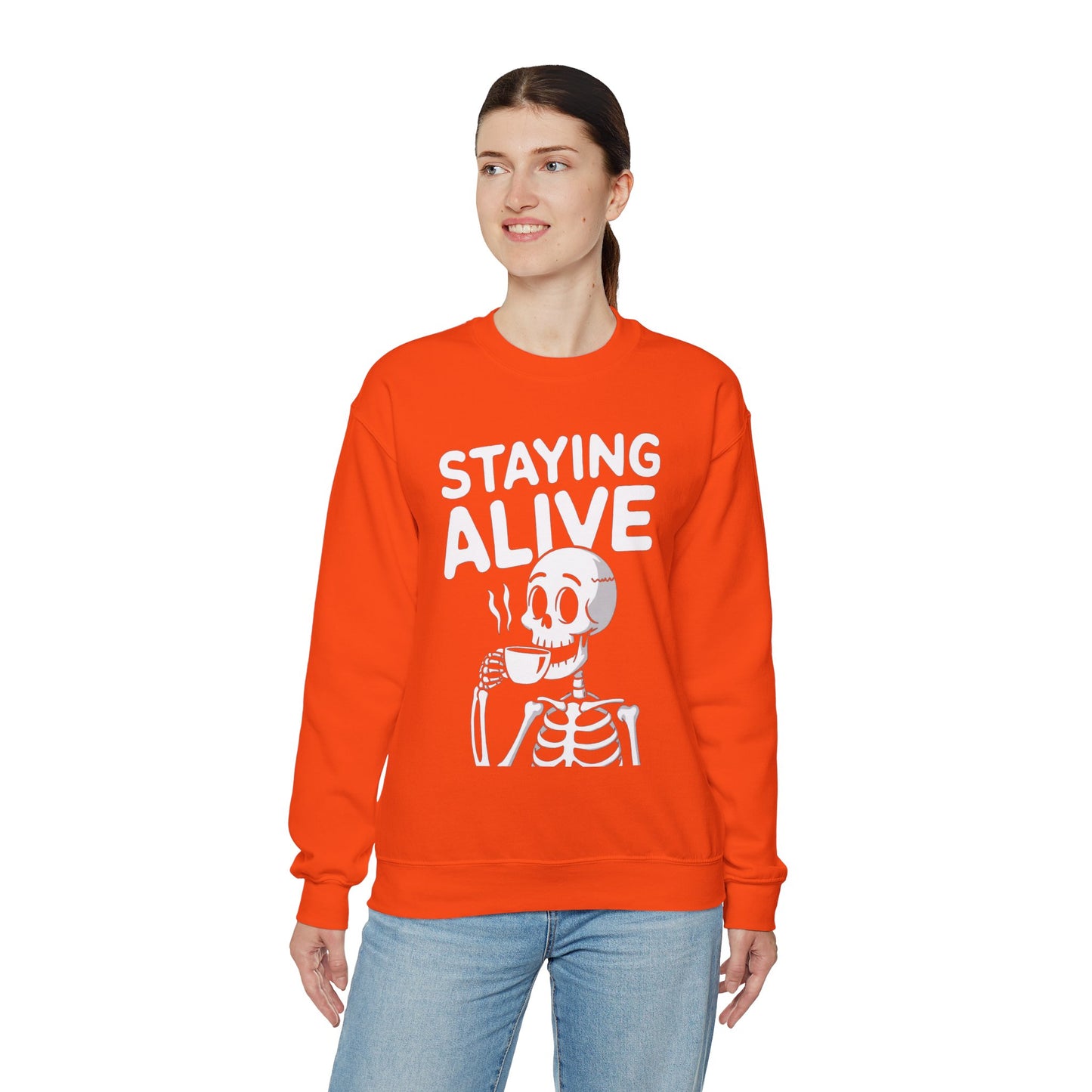 Staying Alive Coffee Sweatshirt, Skeleton Halloween Funny Graphic Crewneck Fleece Cotton Sweater Jumper Pullover Men Women Adult Top