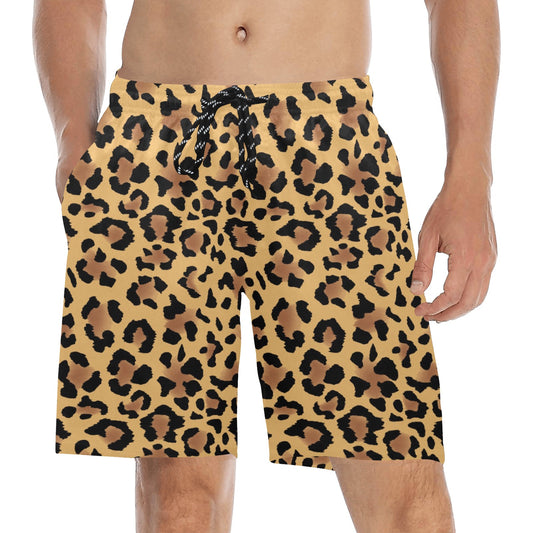 Leopard Men Swim Trunks, Animal Cheetah Print Mid Length Shorts Beach Surf Swimwear Male Back Pockets Mesh Lining Drawstring Bathing Suit Board Summer