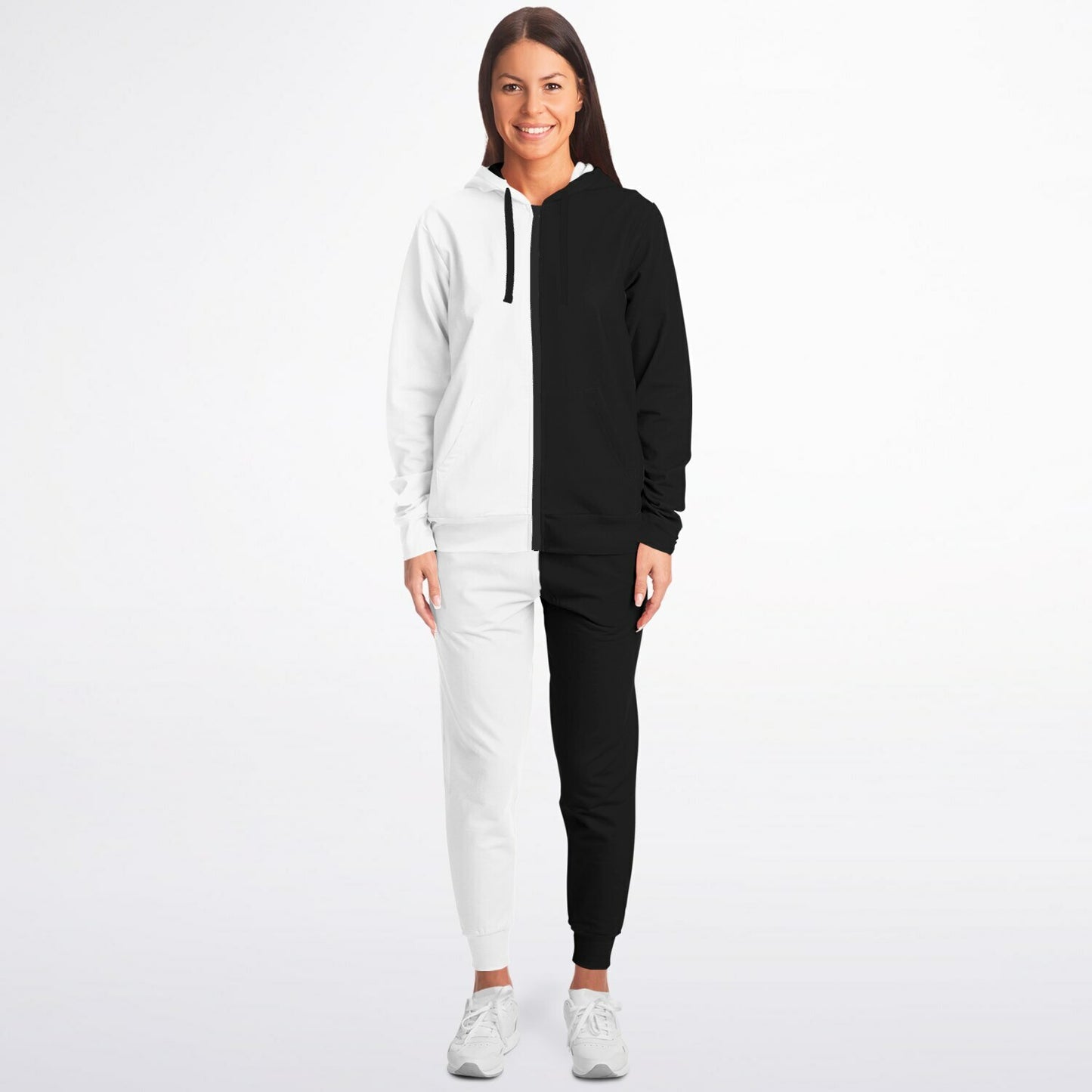 Half Black Half White Zip Hoodie Jogger Sweatsuit Set, Two Tone Split Zipper Lounge Hooded Sweatshirt Sweatpants Women Men Cotton Matching