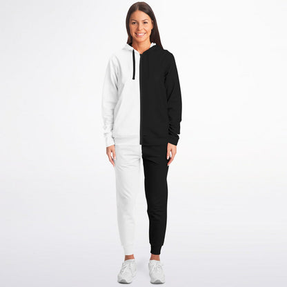 Half Black Half White Zip Hoodie Jogger Sweatsuit Set, Two Tone Split Zipper Lounge Hooded Sweatshirt Sweatpants Women Men Cotton Matching