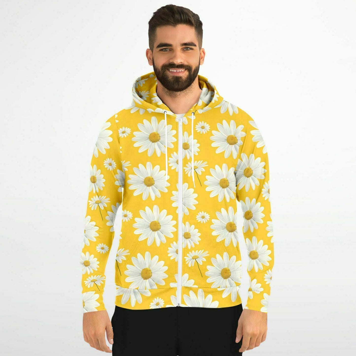 Daisy Yellow Zip Up Hoodie, Floral Flowers Full Zipper Pocket Men Women Unisex Adult Aesthetic Graphic Cotton Fleece Hooded Sweatshirt