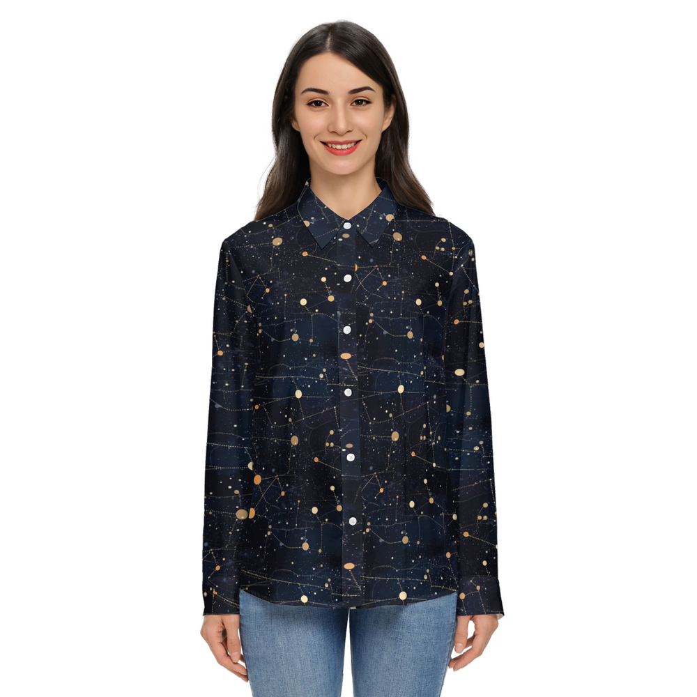 Constellation Space Long Sleeve Shirt Women, Galaxy Ladies Button Up Ladies Blouse Print Buttoned Down Collared Casual Dress Going Out Top