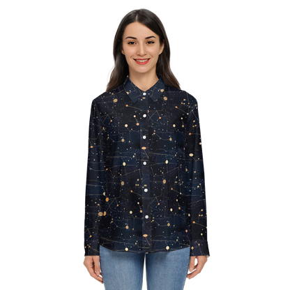 Constellation Space Long Sleeve Shirt Women, Galaxy Ladies Button Up Ladies Blouse Print Buttoned Down Collared Casual Dress Going Out Top