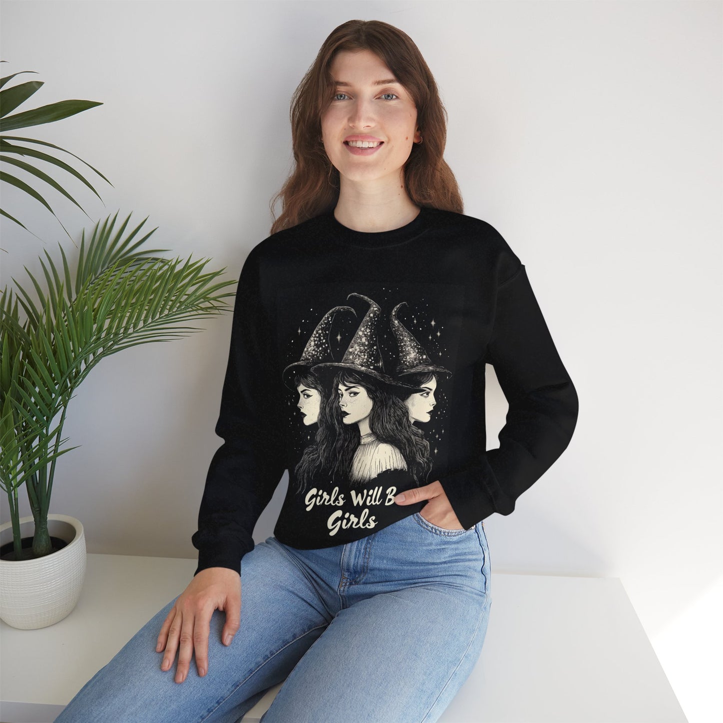 Witches Girls Will Be Girls Sweatshirt, Vintage Retro Halloween Feminist Graphic Crewneck Cotton Sweater Jumper Pullover Women Unisex Top