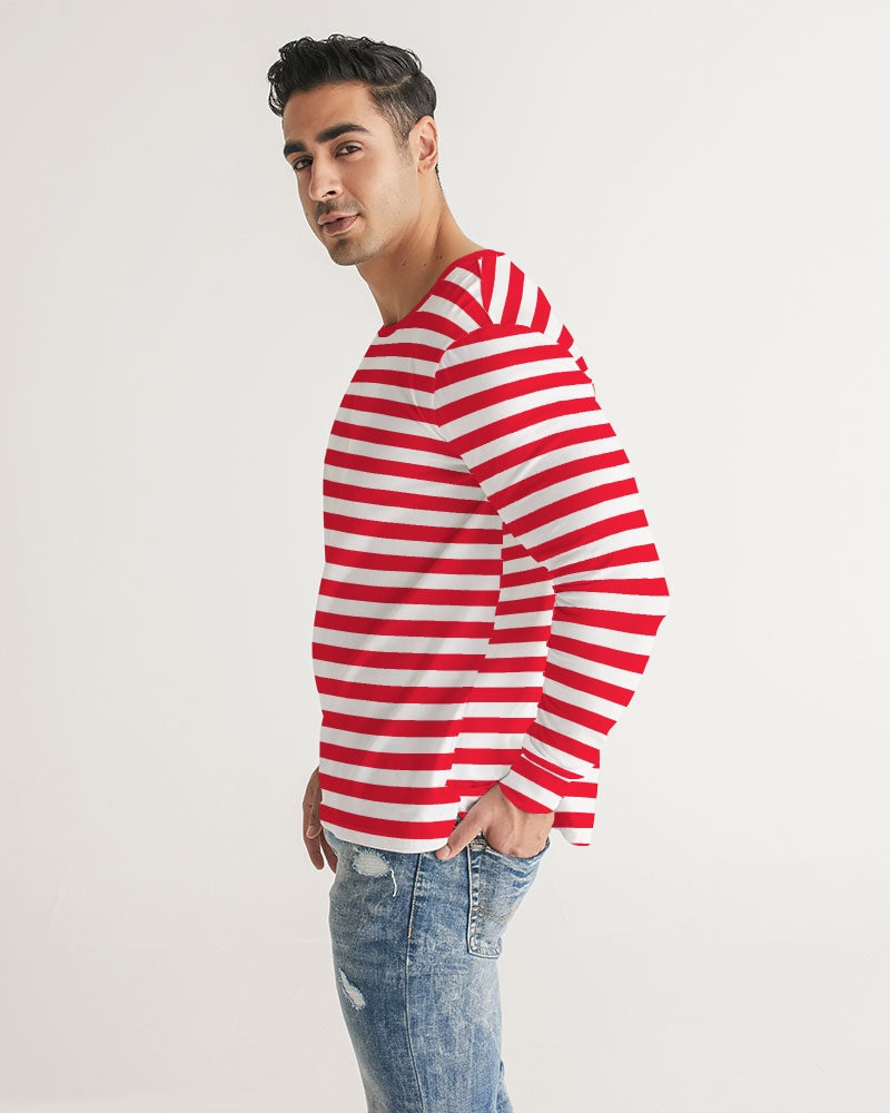 Red And White Striped Men Long Sleeve Tshirt, Thin Horizontal Stripes Unisex Women Designer Guys Graphic Printed Crew Neck Tee Shirt