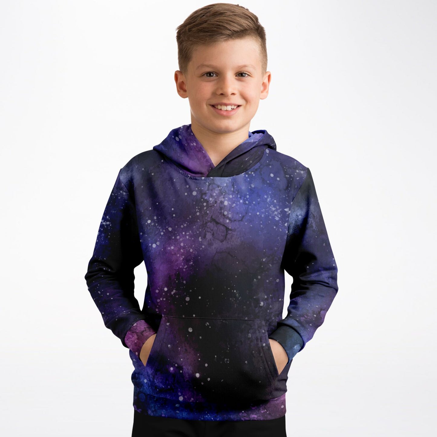 Galaxy Space Kids Pullover Hoodie, Purple Stars Universe Girls Boy Toddler Youth Fleece Aesthetic Cotton Graphic Hooded Sweatshirt Pockets