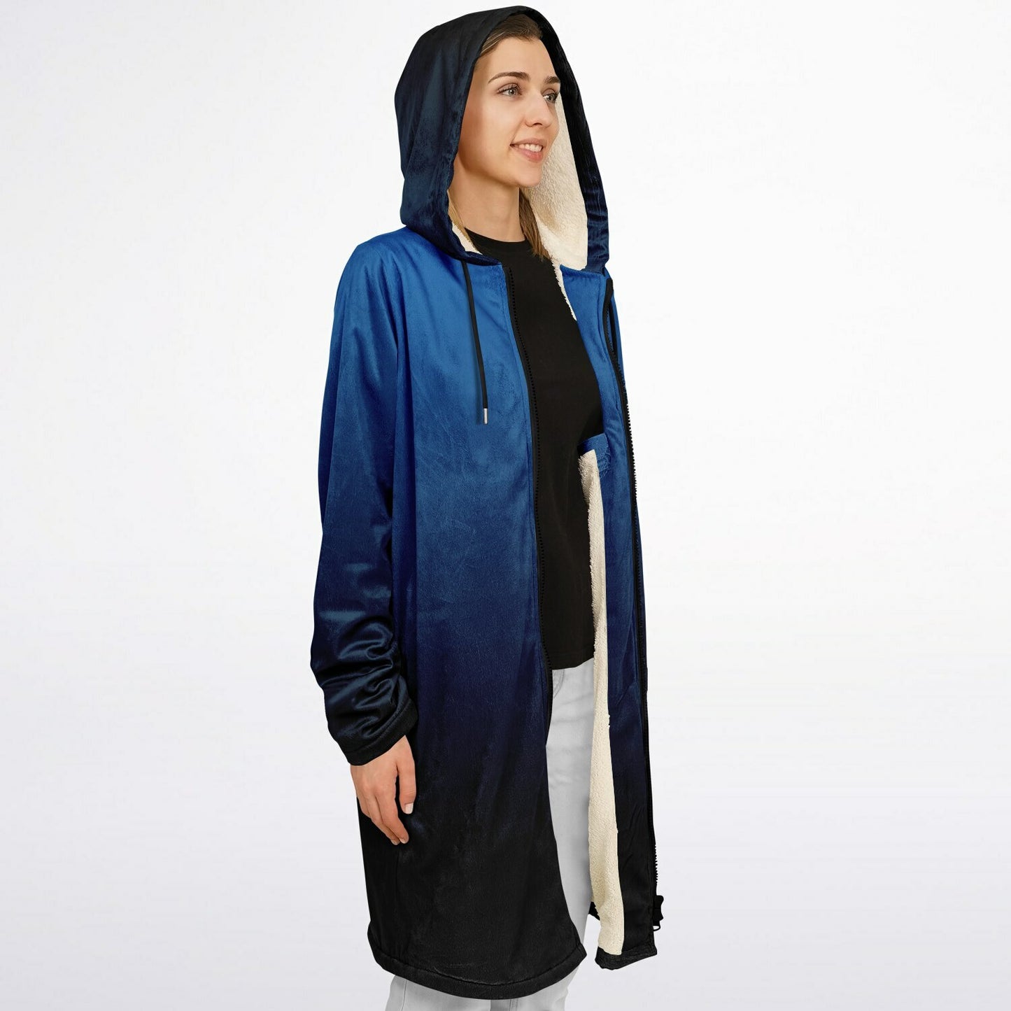 Black Blue Ombre Hooded Fleece Cloak Zipper Jacket, Tie Dye Coat Men Women Male Ladies Winter Warm Mink Hooded Blanket Festival Cape Pockets