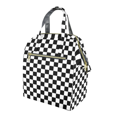 Black White Checkered Insulated Lunch Box Bag Tote, Check Summer Cute Food Container Adult Kids Women Teens Men School Work Handbag Office