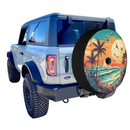 Beach Spare Tire Cover, Sunset Backup Camera Hole Rear Wheel Accessories Sun Tropical Palm Trees Custom Unique Design Trailer Camper RV Back