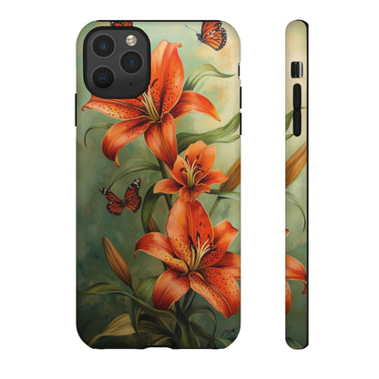 Tiger Lily Tough Phone Case, Flowers Floral Butterfly iPhone 16 15 14 13 Pro Max 12 11 8 Plus X XR XS Galaxy S24 S23 S22 S21 Google Pixel