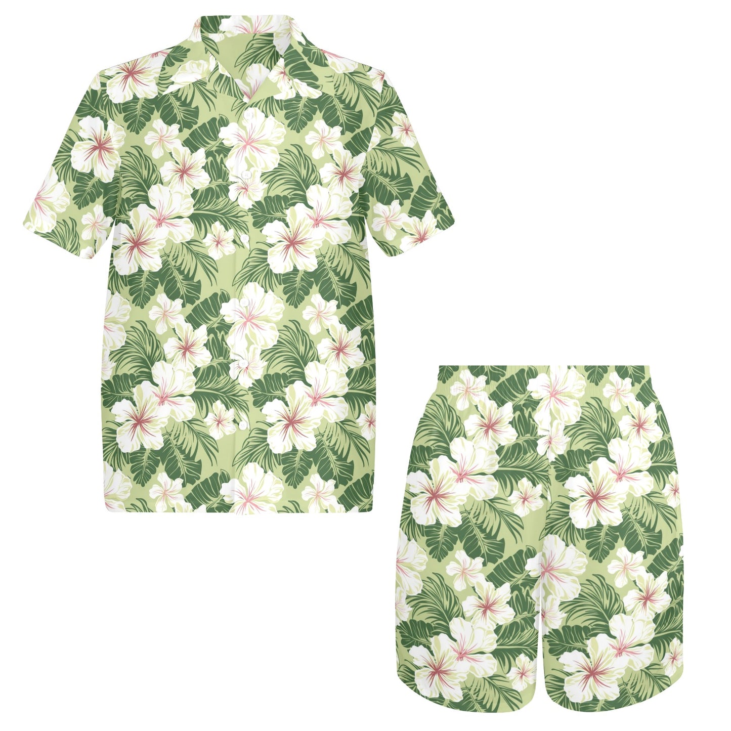 Tropical Shirt Shorts Outfit Set Men, Green White Floral Hibiscus Flower Hawaiian Beach Male Guys Summer Short Sleeve Button Up Down Luau