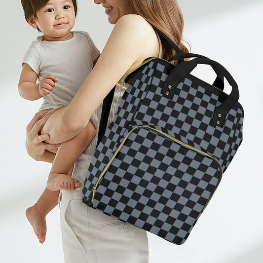 Checkered Diaper Bag Backpack, Black Grey Check Luxury Baby Boy Girl Waterproof Insulated Pockets Stylish Mom Dad Designer Men Ladies Women
