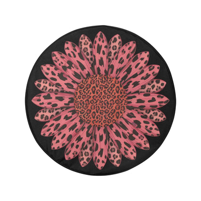 Pink Leopard Sunflower Car Spare Tire Cover, Cheetah Back Rear Extra Wheel Floral Flowers Black Camera Hole Unique Women  RV Camper Auto