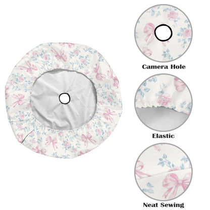 Pink Rose Bows Spare Tire Cover, Floral Flowers Ribbons Pastel White Wheel Accessories Unique Design Backup Camera Hole Trailer Back Women