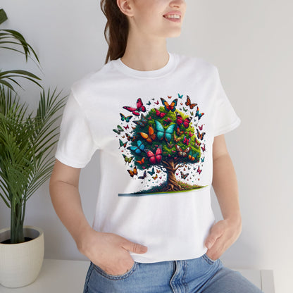 Butterflies Tree Tshirt, Butterfly Nature Garden Designer Graphic Aesthetic Crewneck Men Women Tee Top Short Sleeve Shirt