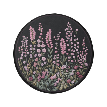 Pink Wild Flowers Spare Tire Cover, Faux Embroidery Printed Floral Wheel Auto Car Unique Design Backup Camera Hole Trailer Back Women RV