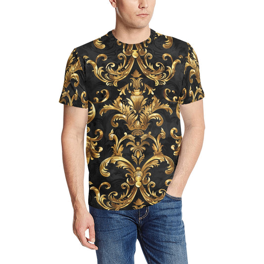 Black Gold Baroque TShirt, Luxury Golden Print Designer Lightweight Crewneck Men Male Women Cool Graphic Tee Top Short Sleeve Shirt