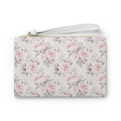 Pink Roses Clutch Wristlet Purse,  White Vegan Leather with Pocket Zipper Evening Modern Bag Strap Phone Wallet for Women