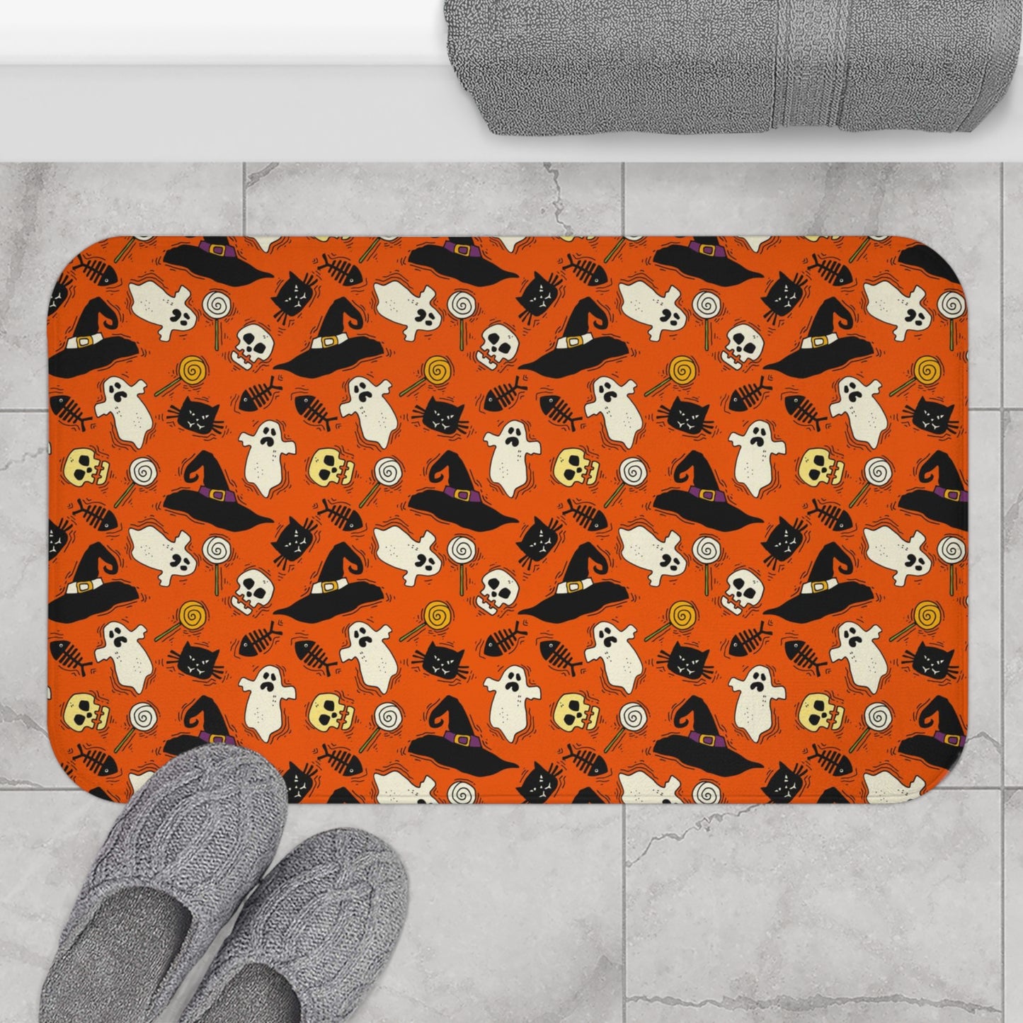 Halloween Bath Mat, Orange Black Cat Ghosts Skulls Shower Bathroom Decor Non Slip Floor Memory Foam Microfiber Large Small Washable Rug