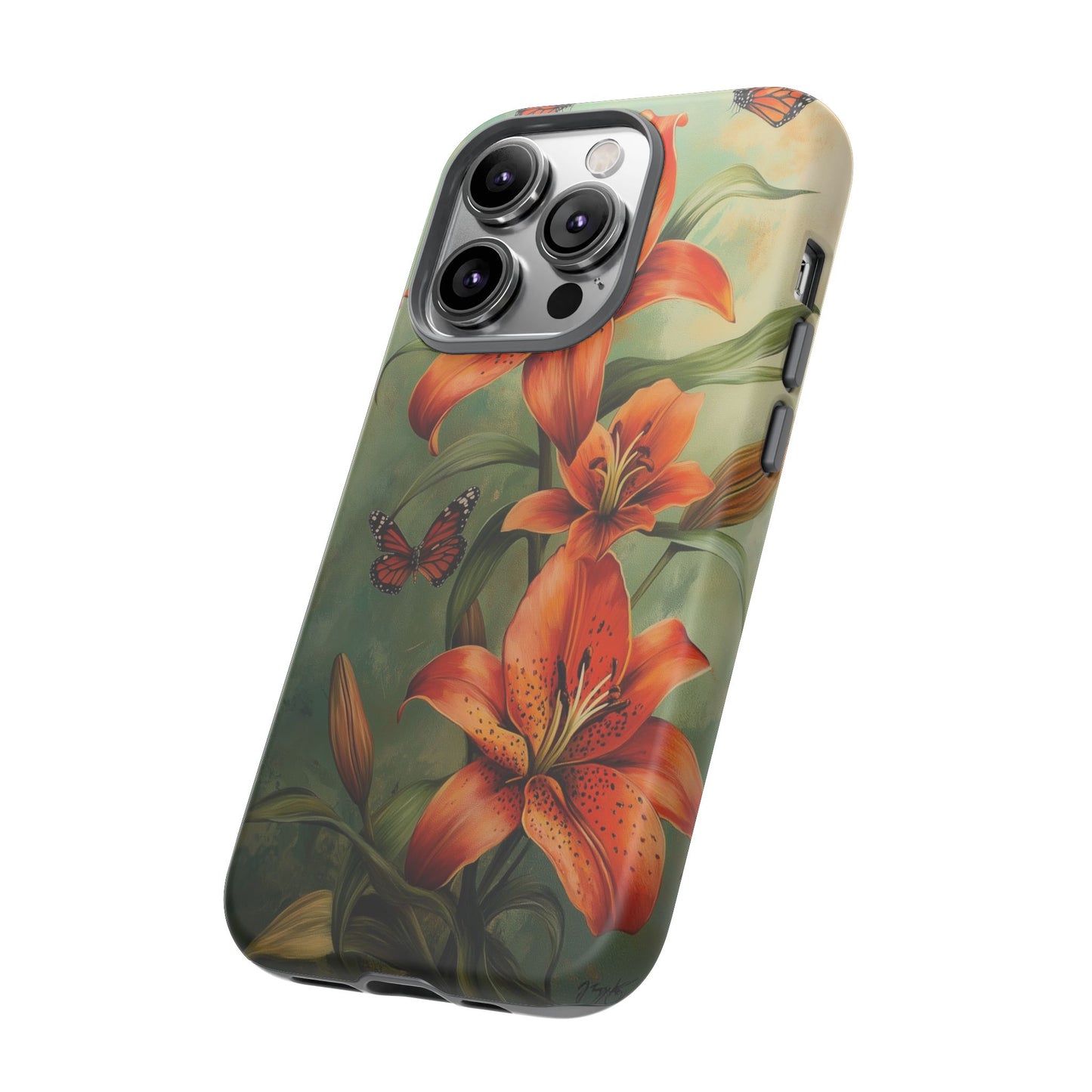 Tiger Lily Tough Phone Case, Flowers Floral Butterfly iPhone 16 15 14 13 Pro Max 12 11 8 Plus X XR XS Galaxy S24 S23 S22 S21 Google Pixel