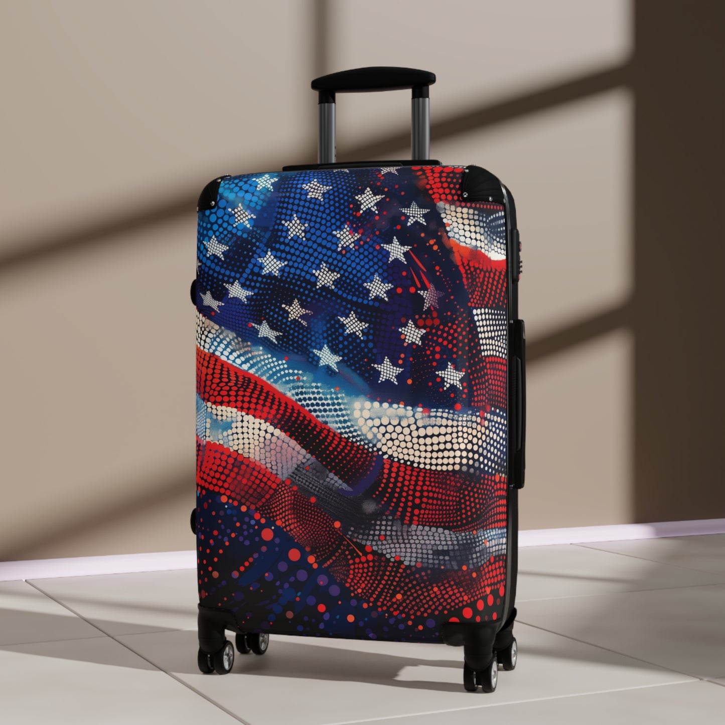 American Flag Suitcase Luggage, USA Art Carry On 4 Wheels Cabin Travel Small Large Set Rolling Spinner Lock Decorative Hard Shell Case