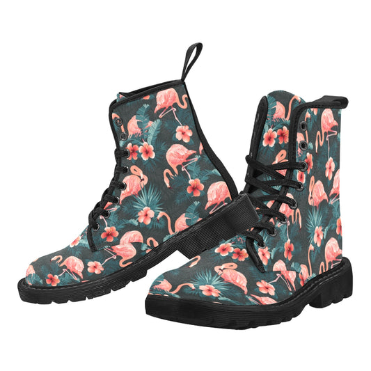 Pink Flamingo Women's Boots, Green Tropical Vegan Canvas Lace Up Shoes Print Army Ankle Combat Winter Casual Ladies Female Work Lightweight