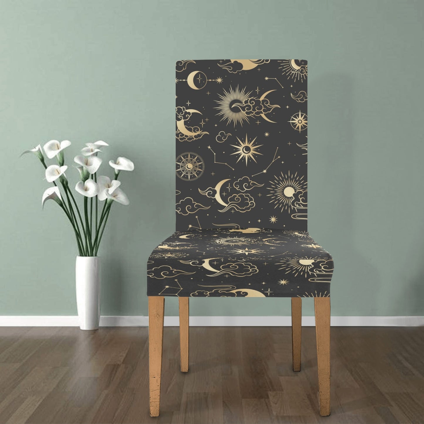 Sun Moon Stars Dining Chair Seat Covers, Constellation Space Black Stretch Slipcover Back Furniture Dining Living Room Home Decor Modern