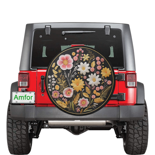 Pink Yellow Flowers Spare Tire Cover, White Faux Embroidery Printed Floral Wheel Unique Backup Camera Hole Trailer Back Women RV Accessory