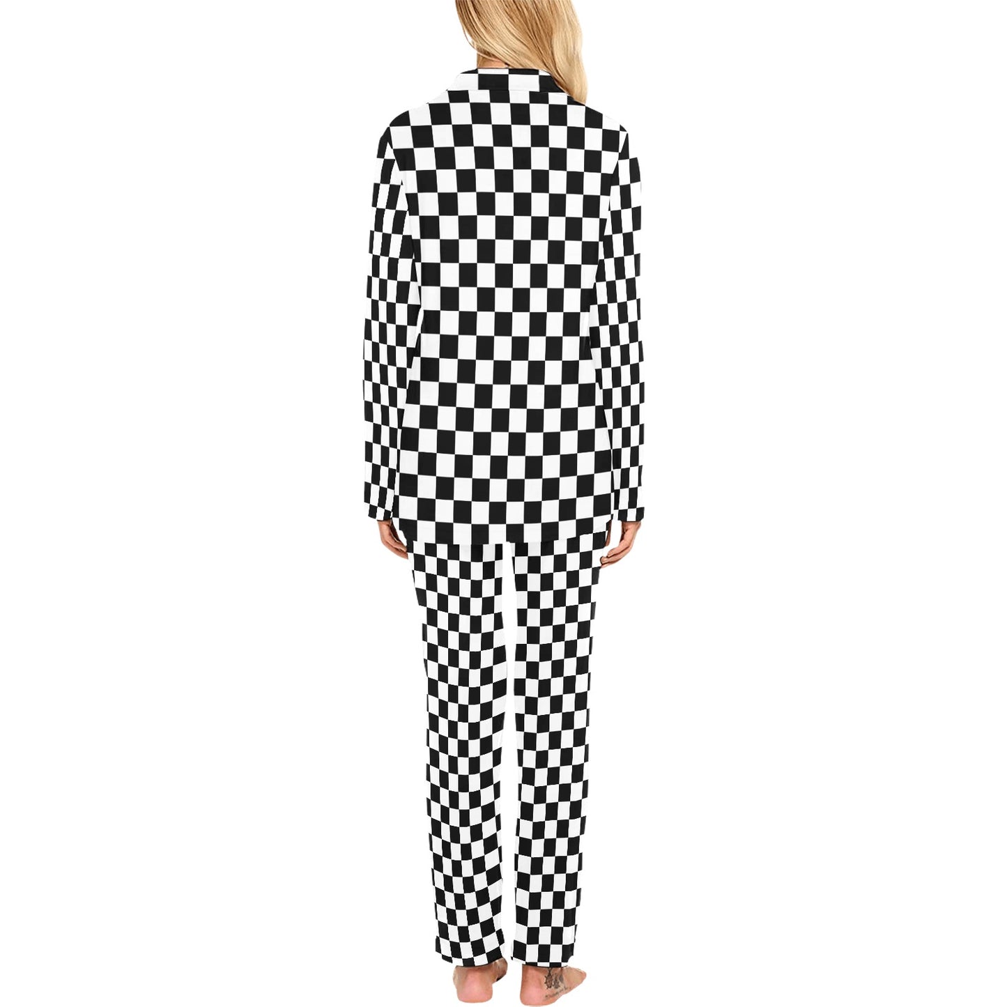 Checkered Ladies Pajamas Set, Black White Check Checkerboard Matching Family PJ Women Long Sleeve Sleep Shirt Wear Pants Trousers Top Couple