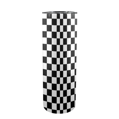 Checkered Tumbler 20oz Lid Straw, Stainless Steel Travel Mug Black White Check Insulated Cup Flask Coffee Traveler Custom Gift Men Women