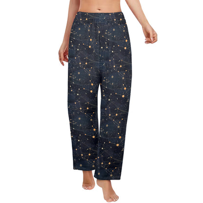 Constellation Women Pajamas Pants, Universe Space Galaxy Satin PJ Funny Pockets Trousers Couples Matching Ladies Trousers Bottoms