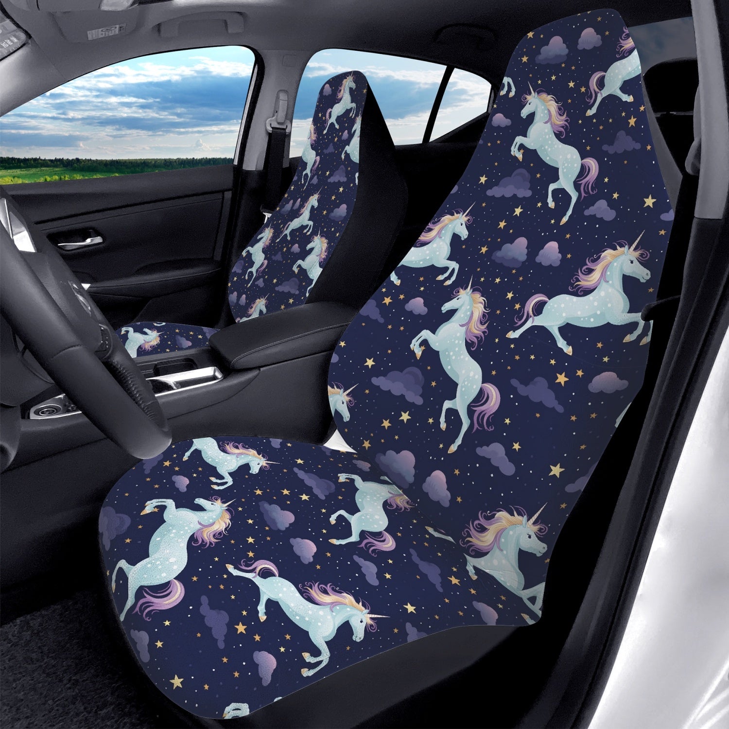 Unicorn Car Seat Covers (2 pcs), Stars Cute Pattern Front Seat Dog Pet Auto Vehicle SUV Universal Protector Accessory Men Women Starcove Fashion