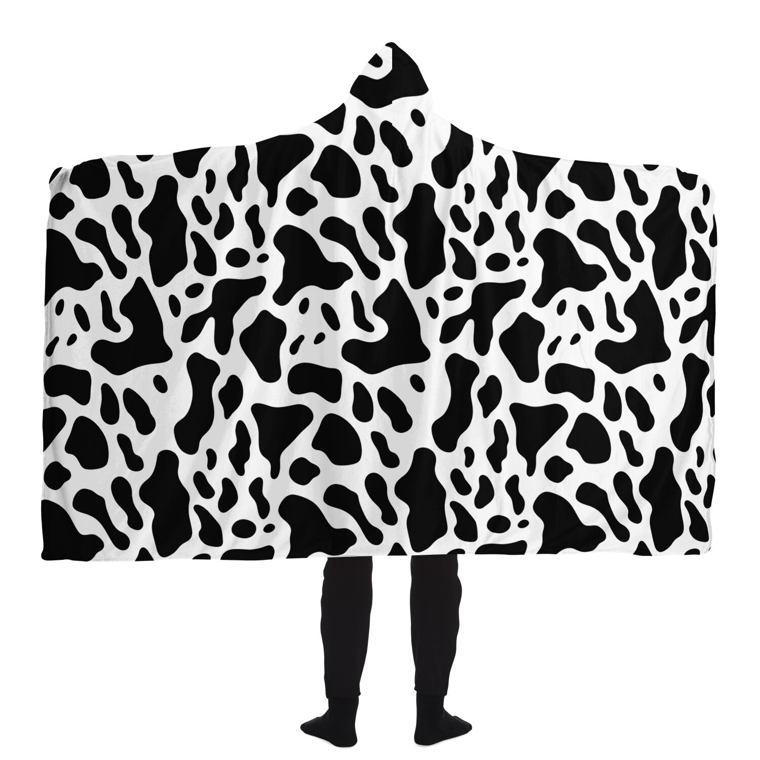 Cow Print Hooded Blanket, Black White Animal Sherpa Fleece Soft Fluffy Cozy Warm Adult Men Women Kids Large Wearable with Hood Gift Starcove Fashion