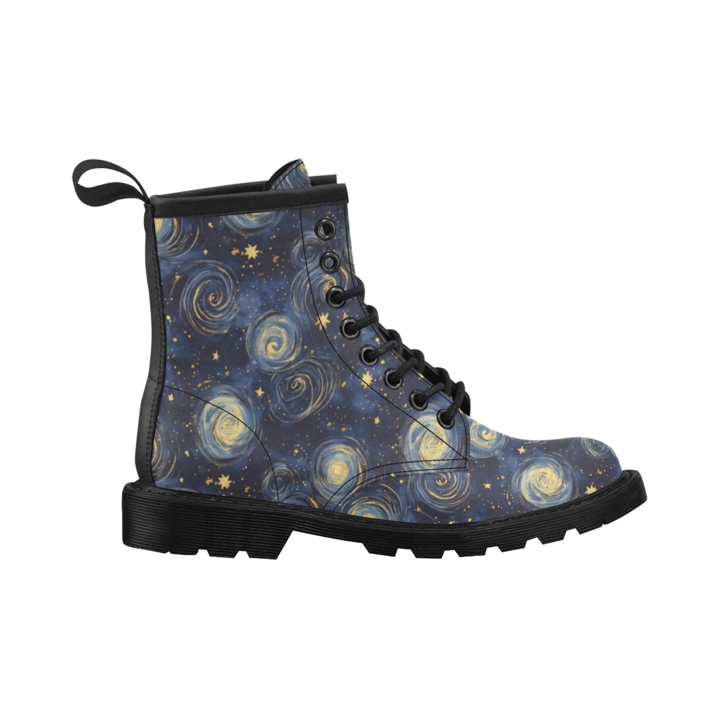 Starry Night Sky Stars Women Boots, Galaxy Swirly Space Black Vegan Leather Lace Up Shoes Print Ankle Punk Combat Winter Ladies Designer