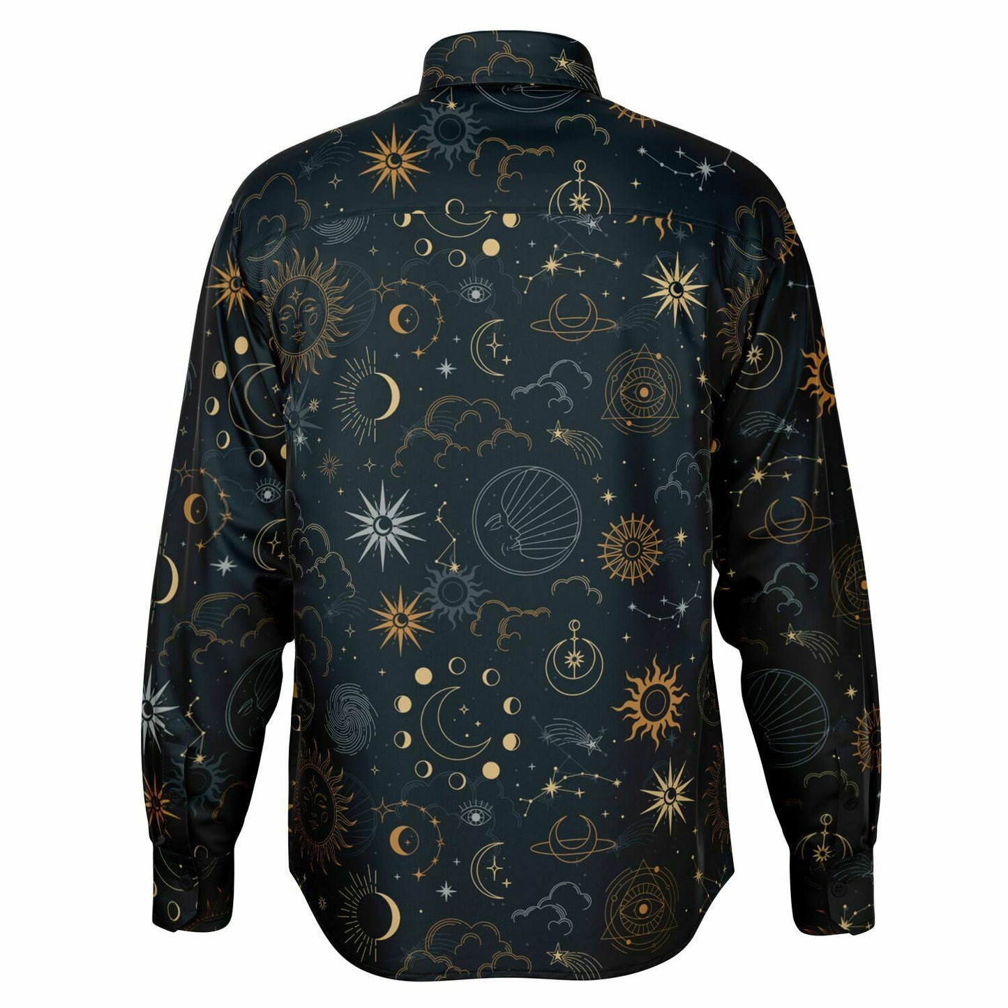 Stars Sun Moon Long Sleeve Men Button Up Shirt, Celestial Space Guys Male Print Buttoned Down Collared Graphic Casual Dress Shirt