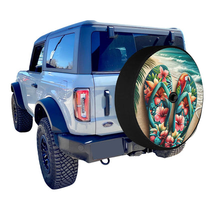 Beach Flip Flops Sun Spare Tire Cover, Ocean Backup Camera Hole Rear Wheel Car Accessories Palm Tree Unique Design Back Aesthetic Men Women