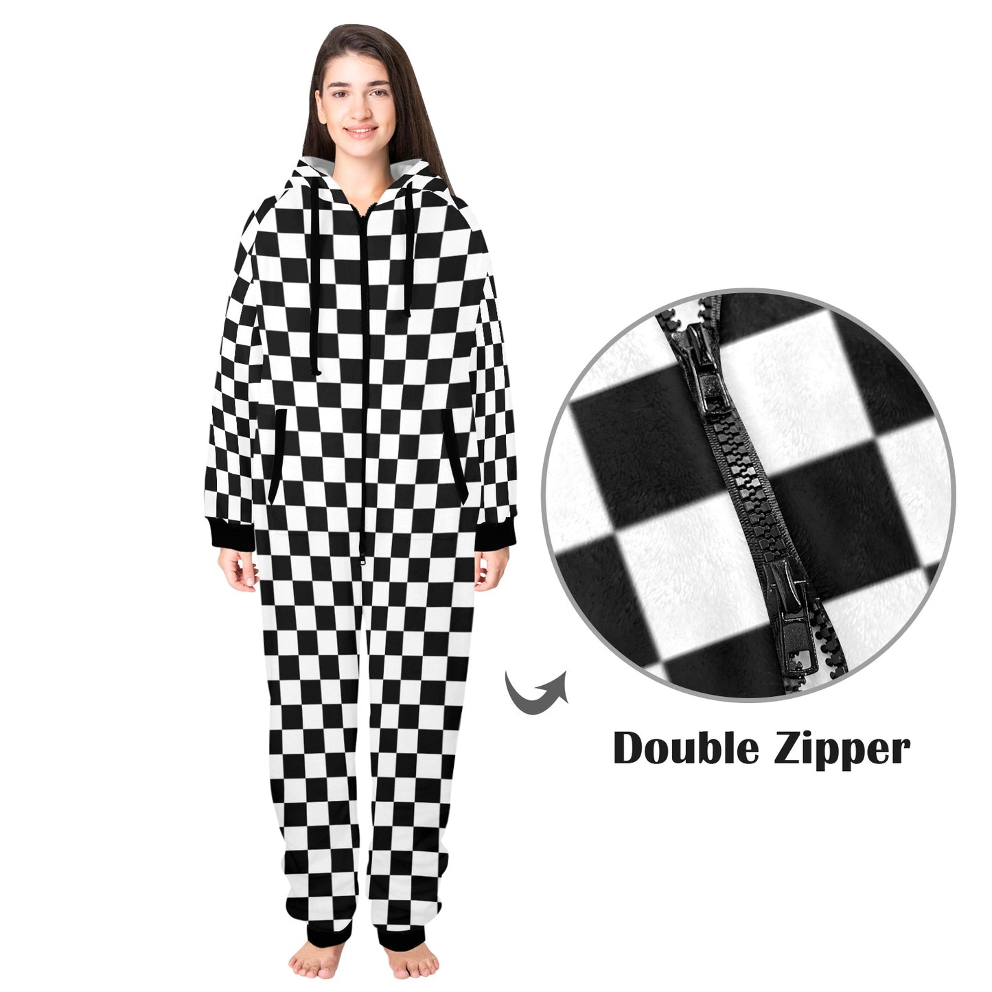 Checkered One Piece Men Pajama, Black White Check Racing Checkerboard Adult Bodysuit Women Ladies Flannel Long Hooded PJ Romper Plus Size