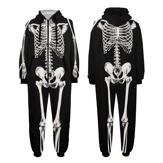 Skeleton One Piece Men Pajama, Adult Halloween Costume Bodysuit Women Ladies Female Pants Flannel Long Sleeve Hooded PJ Romper Sleepwear