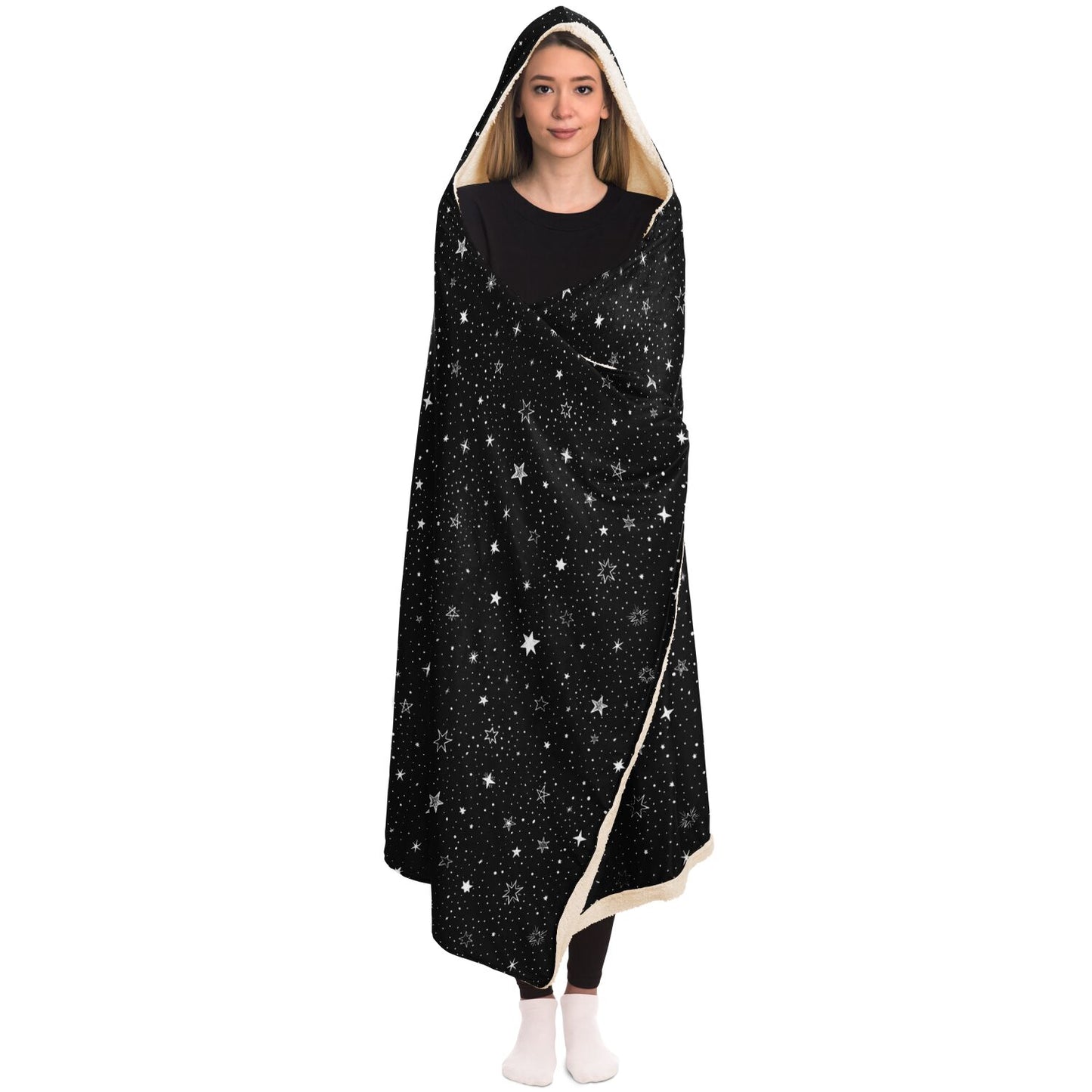 Stars Hooded Blanket, Black Silver Space Galaxy Sherpa Fleece Soft Fluffy Cozy Warm Adult Men Women Kids Large Wearable with Hood Gift