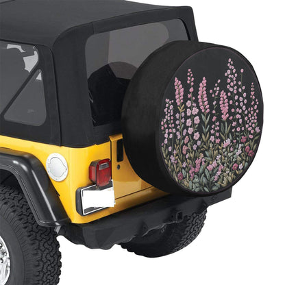 Pink Wild Flowers Spare Tire Cover, Faux Embroidery Printed Floral Wheel Auto Car Unique Design Backup Camera Hole Trailer Back Women RV