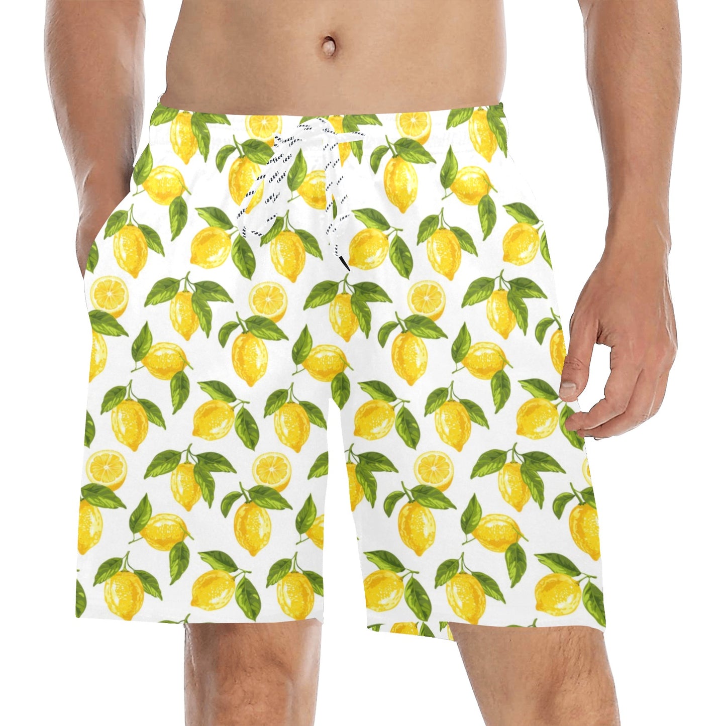 Lemon Men Swim Trunks, Yellow White Summer Fruit Mid Length Shorts Beach Pockets Mesh Lining Drawstring Bathing Suit Plus Size Swimwear