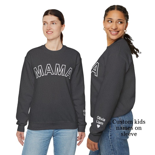 Personalized Mama Sweatshirt Kids Names on Sleeve, Custom Mothers Day Gift Women Birthday New Mom Momma  Sweater Crewneck Cotton Pullover