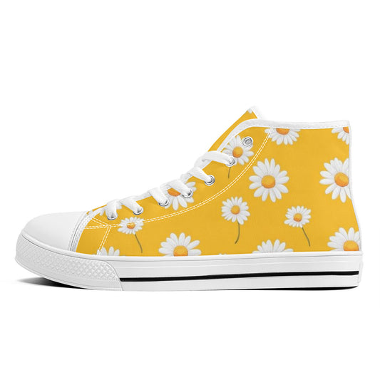 Yellow Floral High Top Shoes Sneakers, White Daisy Flowers Men Women Lace Up Casual Footwear Rave Canvas Streetwear Designer Ladies Guys